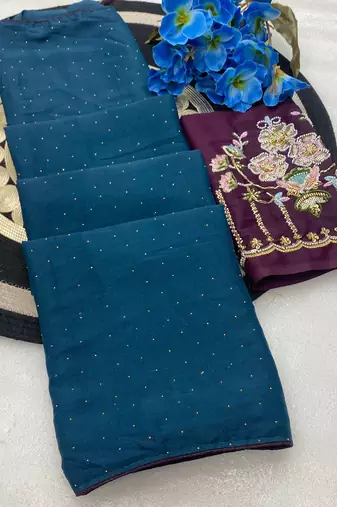 Petrol blue multicolor sequece embroidery work star georgette saree with blouse