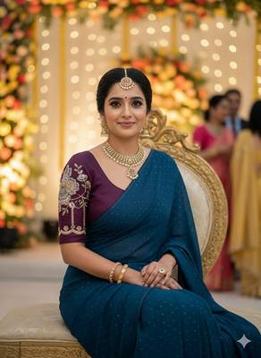 Petrol blue multicolor sequece embroidery work star georgette saree with blouse 3