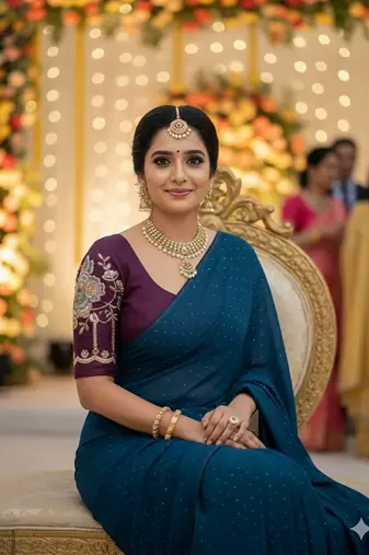 Petrol blue multicolor sequece embroidery work star georgette saree with blouse