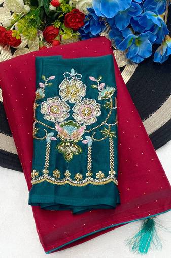 Pink multicolor sequece embroidery work star georgette saree with blouse