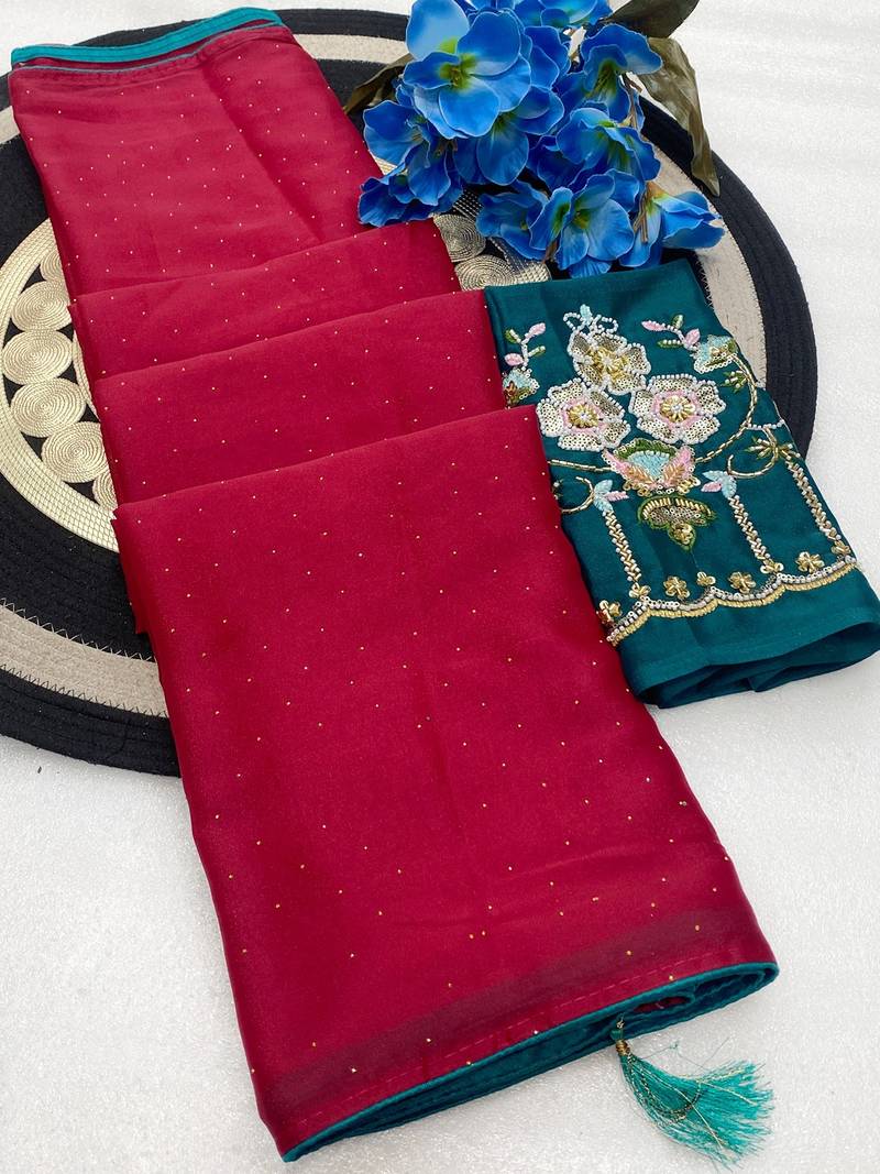 Pink multicolor sequece embroidery work star georgette saree with blouse