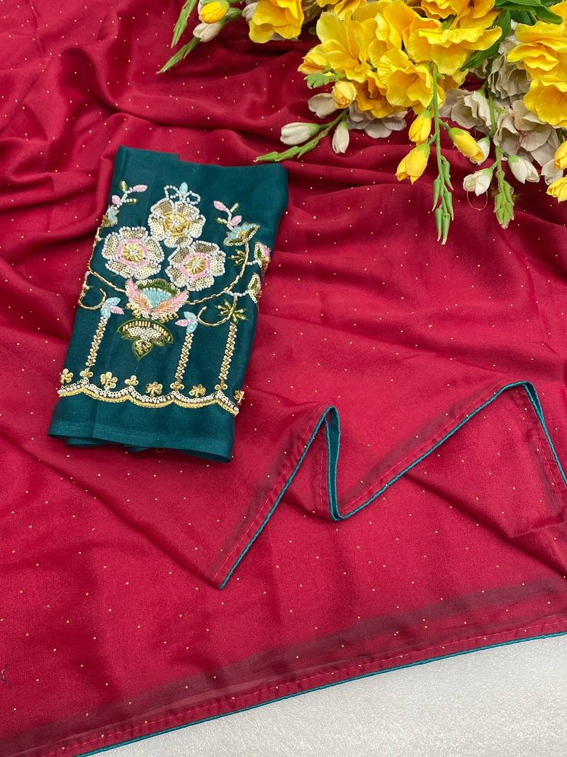 Pink multicolor sequece embroidery work star georgette saree with blouse
