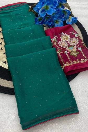 Rama green multicolor sequece embroidery work star georgette saree with blouse