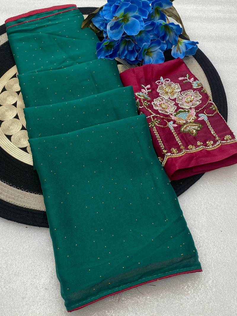 Rama green multicolor sequece embroidery work star georgette saree with blouse