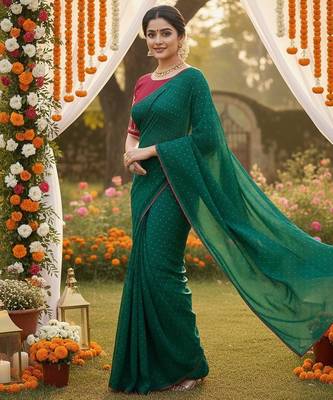 Rama green multicolor sequece embroidery work star georgette saree with blouse 2