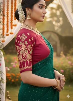 Rama green multicolor sequece embroidery work star georgette saree with blouse 4