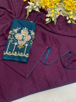 Wine multicolor sequece embroidery work star georgette saree with blouse 1