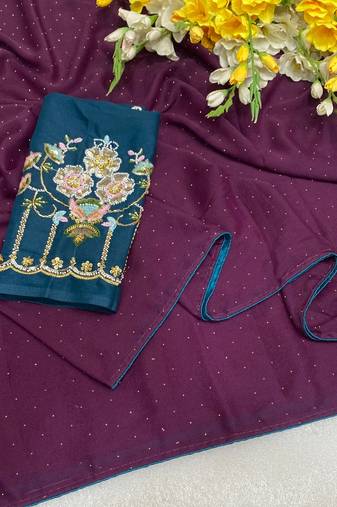 Wine multicolor sequece embroidery work star georgette saree with blouse