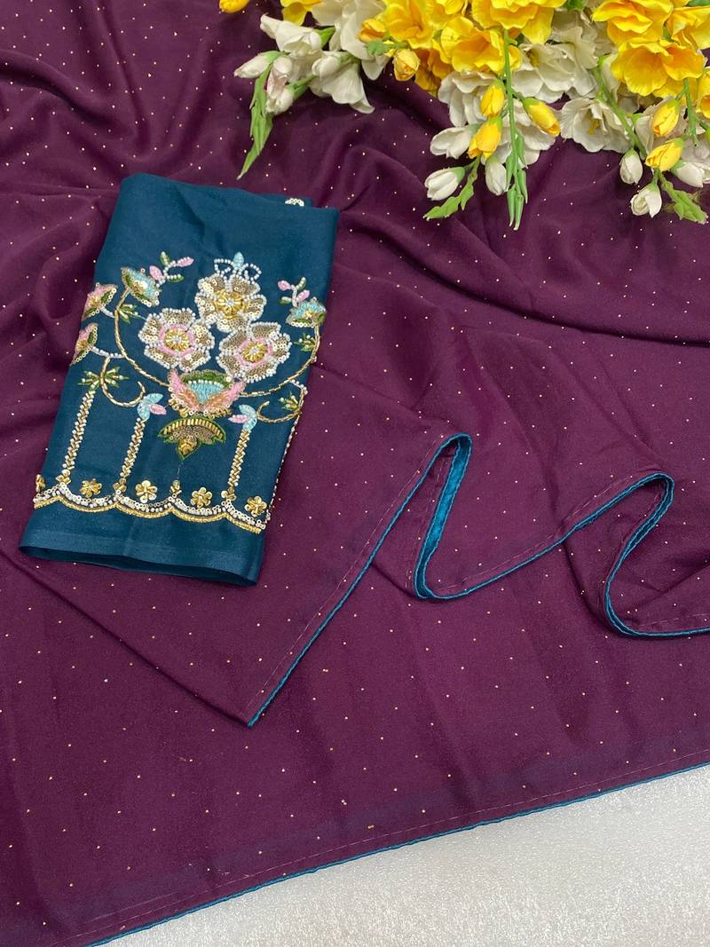 Wine multicolor sequece embroidery work star georgette saree with blouse