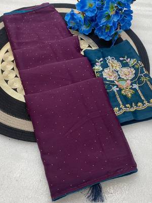 Wine multicolor sequece embroidery work star georgette saree with blouse 2