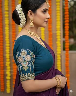 Wine multicolor sequece embroidery work star georgette saree with blouse 3