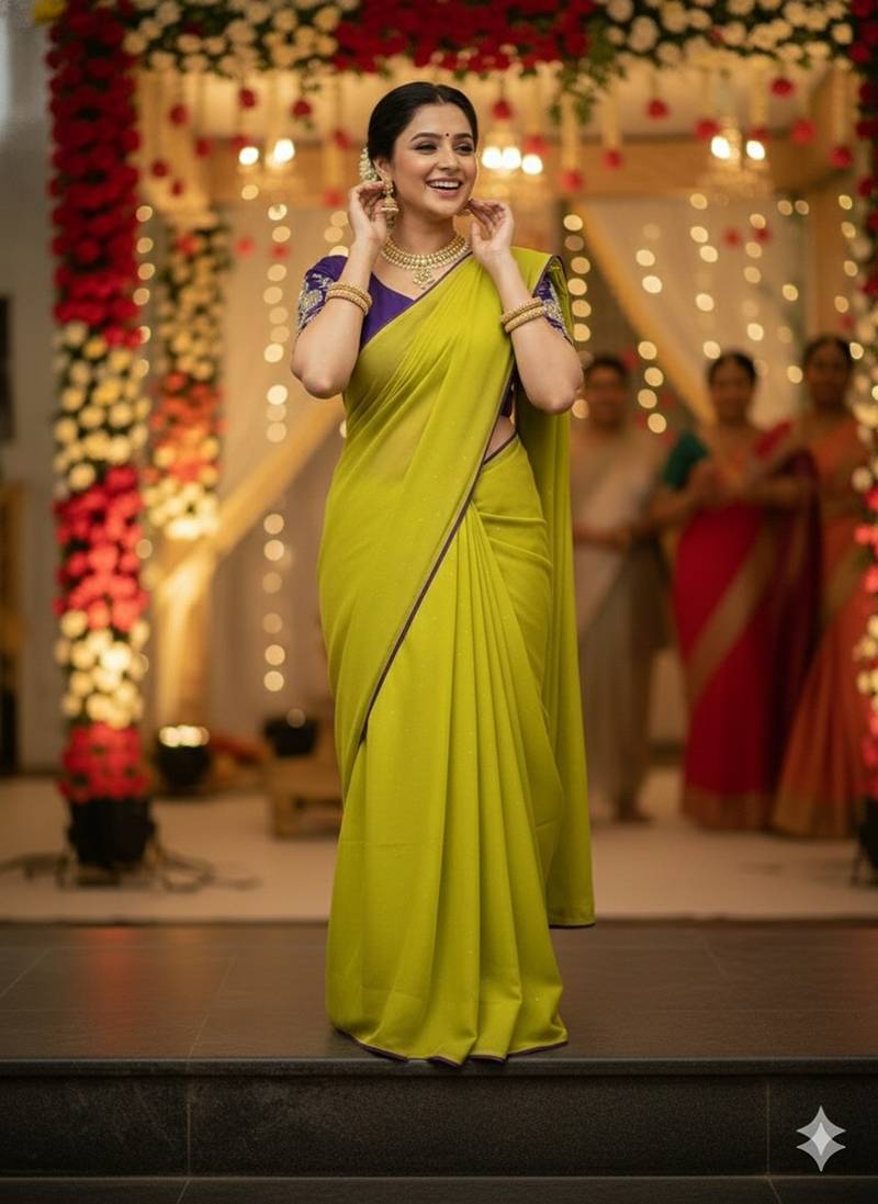 Yellow lemon multicolor sequece embroidery work star georgette saree with blouse