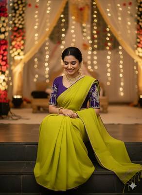 Yellow lemon multicolor sequece embroidery work star georgette saree with blouse 3