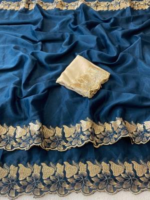 Petrol bluer zari embroidery work star georgette saree with blouse 1