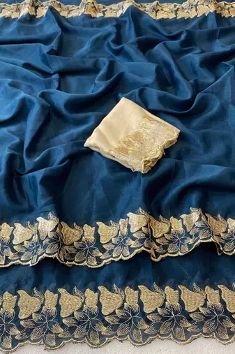 Petrol bluer zari embroidery work star georgette saree with blouse
