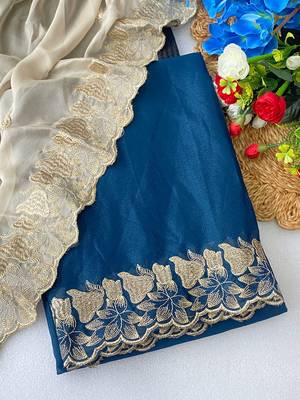 Petrol bluer zari embroidery work star georgette saree with blouse 2