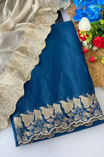 Petrol bluer zari embroidery work star georgette saree with blouse