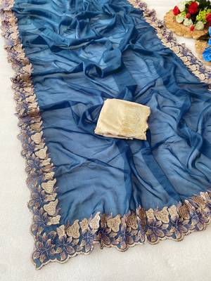 Petrol bluer zari embroidery work star georgette saree with blouse 3