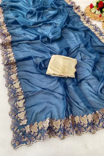 Petrol bluer zari embroidery work star georgette saree with blouse