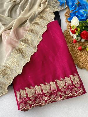 Pink zari embroidery work star georgette saree with blouse 1