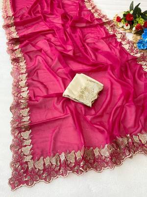 Pink zari embroidery work star georgette saree with blouse 2