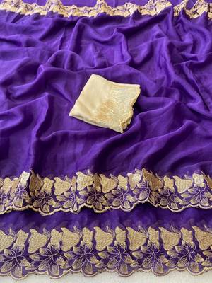 Purple zari embroidery work star georgette saree with blouse 1