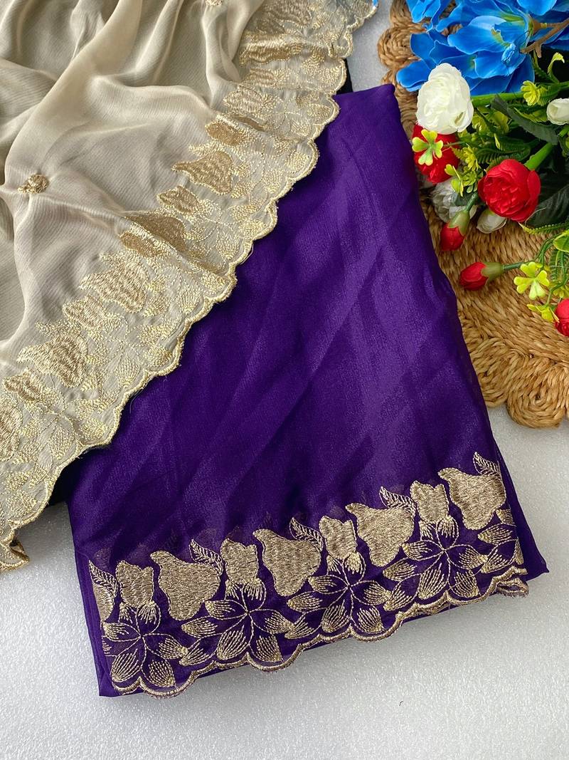 Purple zari embroidery work star georgette saree with blouse