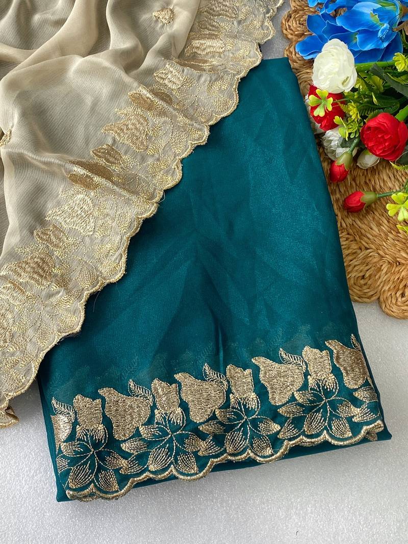 Rama zari embroidery work star georgette saree with blouse