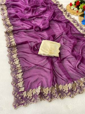Wine zari embroidery work star georgette saree with blouse 1