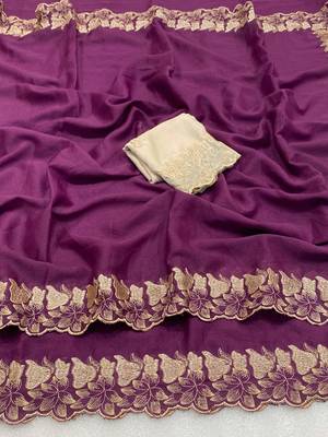 Wine zari embroidery work star georgette saree with blouse 2