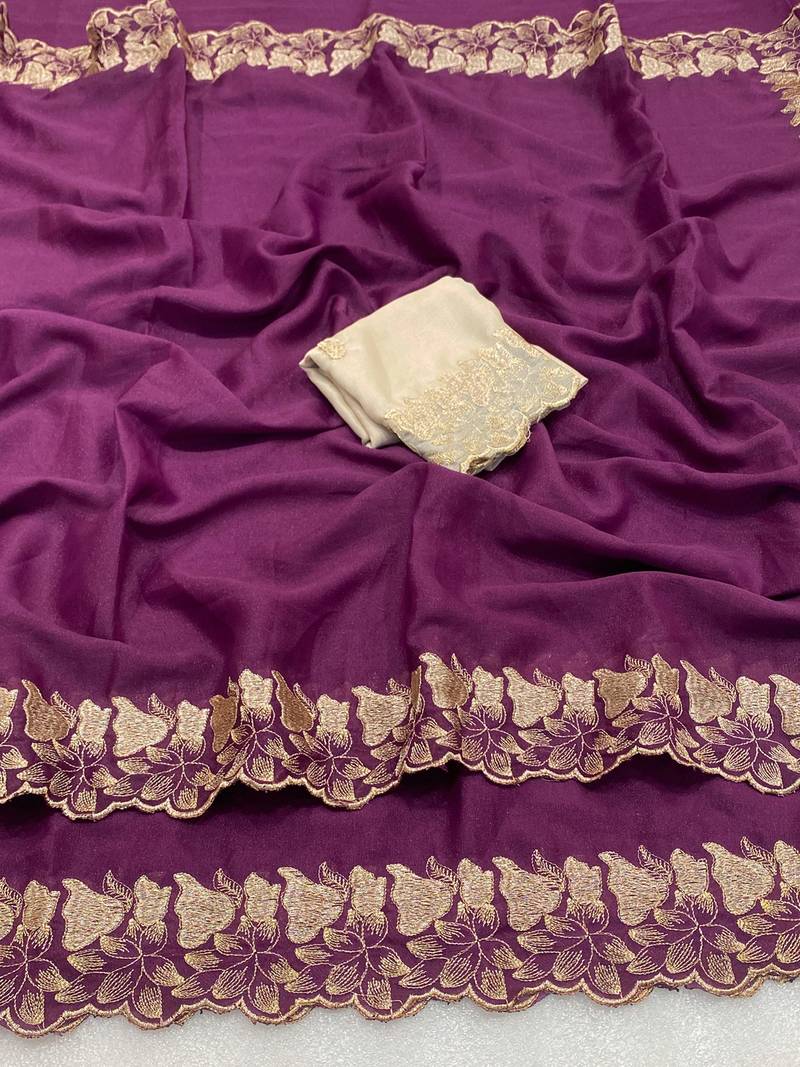 Wine zari embroidery work star georgette saree with blouse