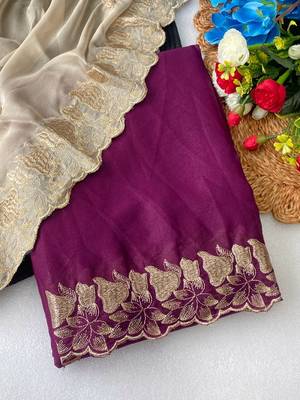 Wine zari embroidery work star georgette saree with blouse 3