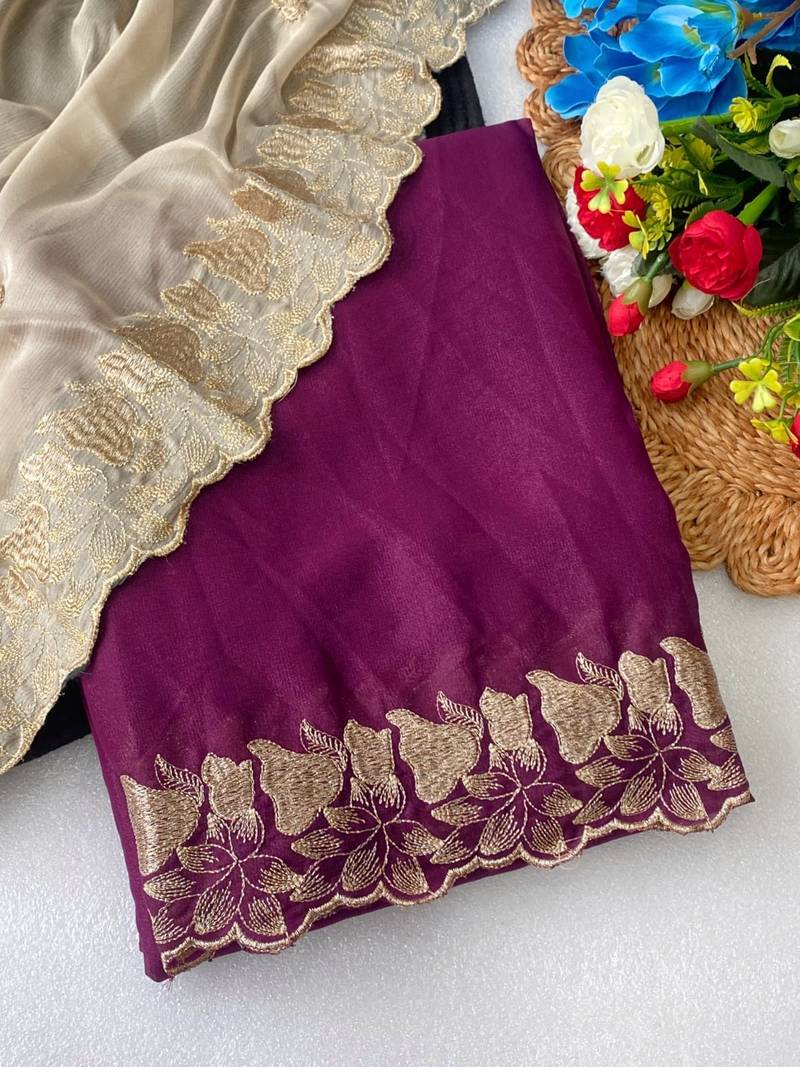 Wine zari embroidery work star georgette saree with blouse