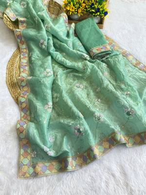 Rama green multicolor sequece embroidery work gold crush saree with blouse 1