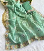 Rama green multicolor sequece embroidery work gold crush saree with blouse