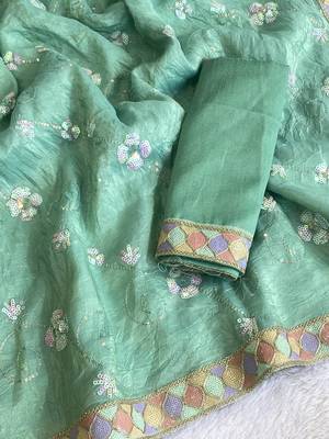 Rama green multicolor sequece embroidery work gold crush saree with blouse 2
