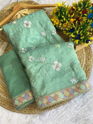 Rama green multicolor sequece embroidery work gold crush saree with blouse 3