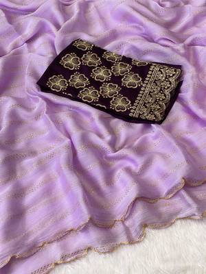 Lavender foil work moss chiffon saree with blouse 4