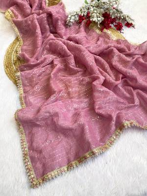 Pink multicolor sequece embroidery work crunchy saree with blouse 1