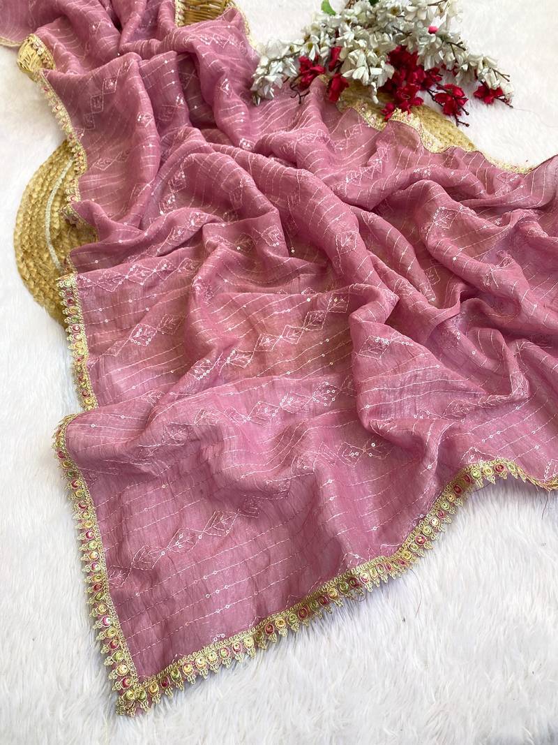 Pink multicolor sequece embroidery work crunchy saree with blouse
