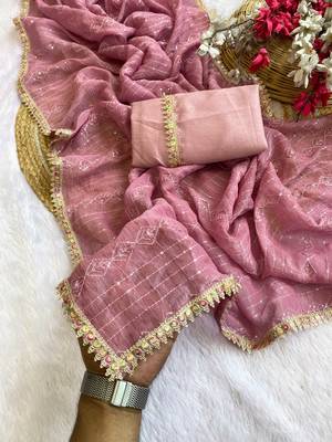 Pink multicolor sequece embroidery work crunchy saree with blouse 3
