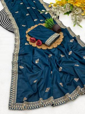 Blue multicolor sequece embroidery work chinon saree with blouse 1