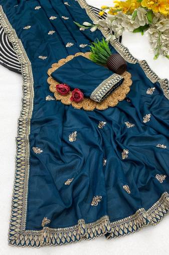 Blue multicolor sequece embroidery work chinon saree with blouse