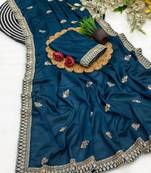 Blue multicolor sequece embroidery work chinon saree with blouse