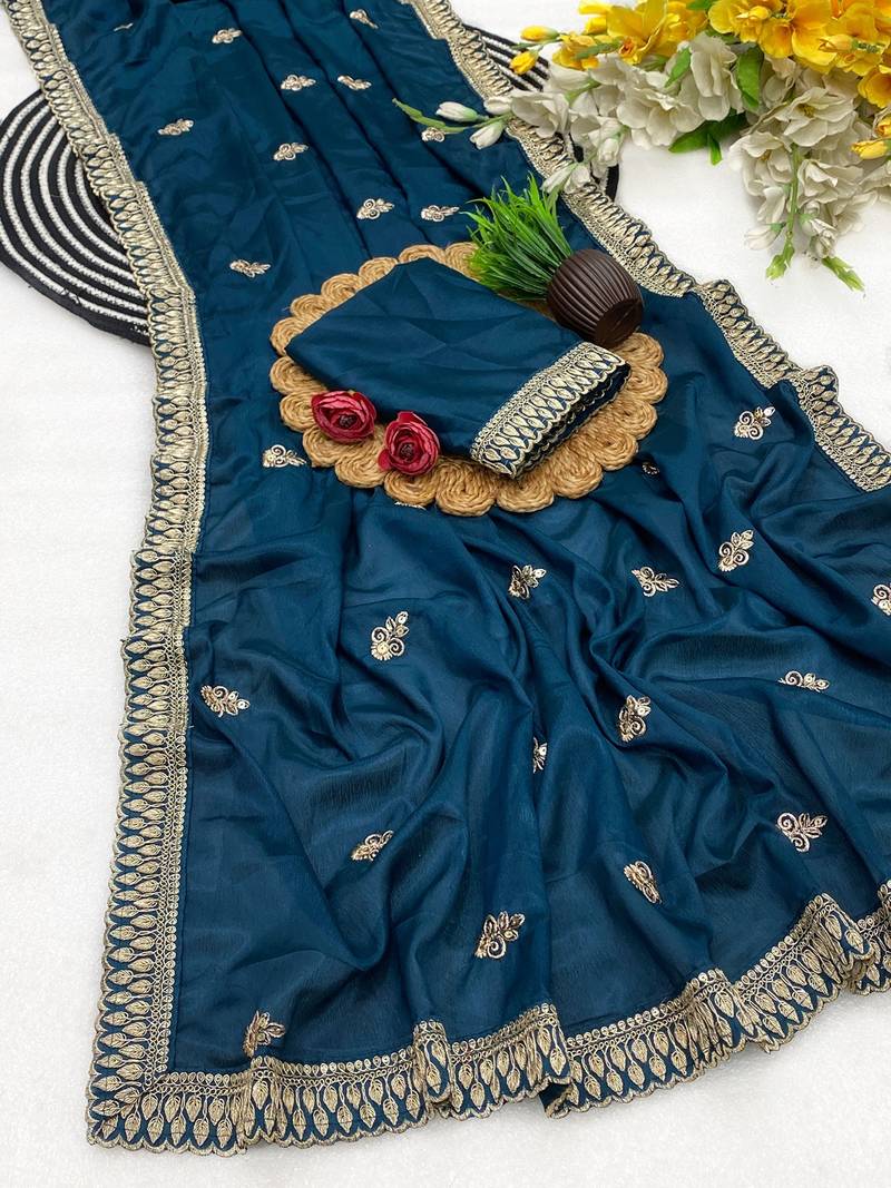 Blue multicolor sequece embroidery work chinon saree with blouse