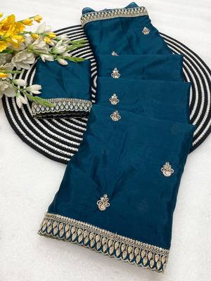 Blue multicolor sequece embroidery work chinon saree with blouse 2