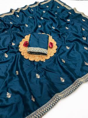 Blue multicolor sequece embroidery work chinon saree with blouse 3