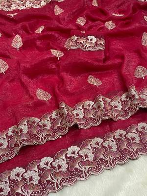Cherry zari embroidery work crunchy saree with blouse 1