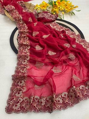 Cherry zari embroidery work crunchy saree with blouse 2