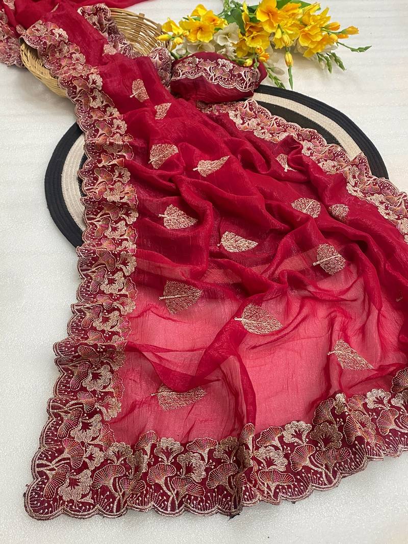 Cherry zari embroidery work crunchy saree with blouse